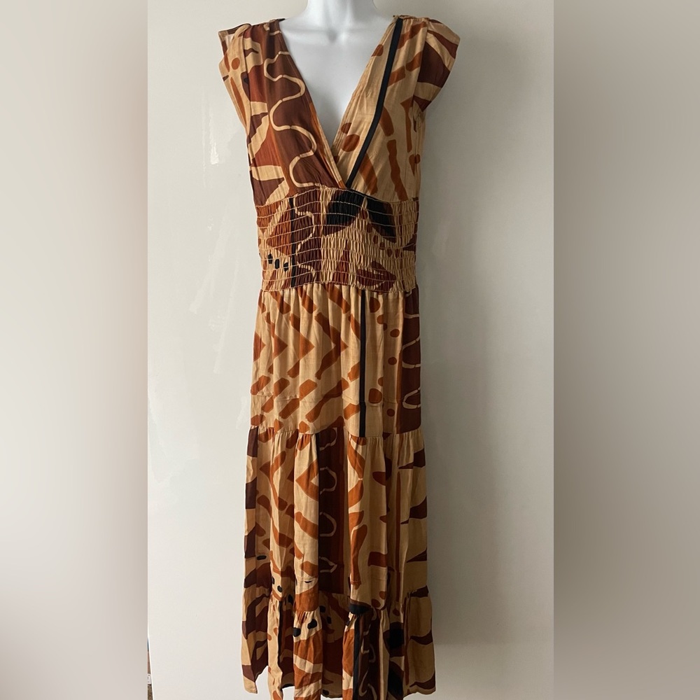NWT Felicite brown earthy empire waist ethnic tribal smocked maxi dress Small